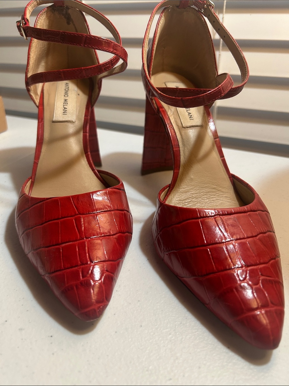 Antonio Melani Red Croc-Embossed Pointed Block Heels with Double Ankle Straps